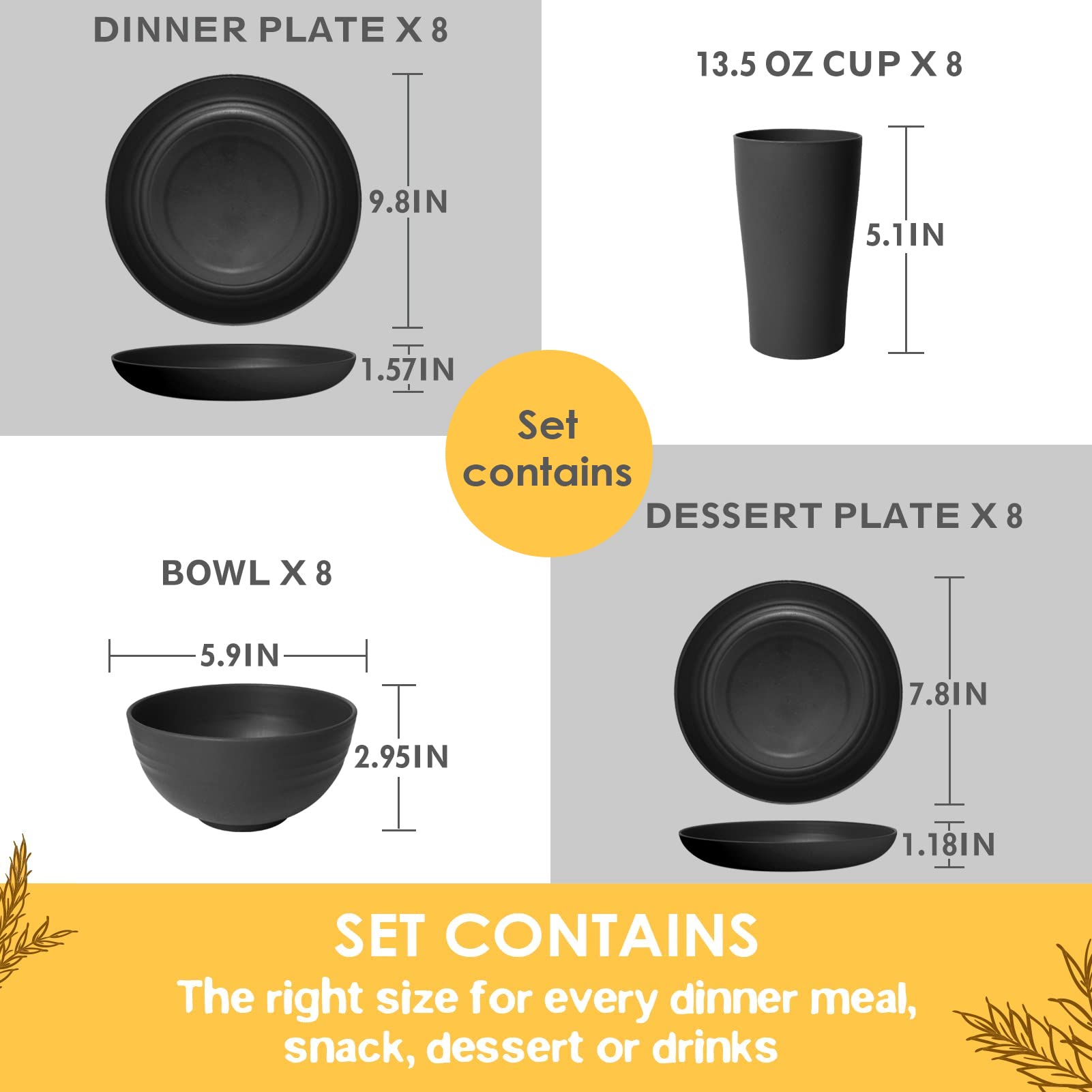 Teivio 32-Piece Kitchen Plastic Wheat Straw Dinnerware Set, Service For 8, Dinner Plates, Dessert Plate, Cereal Bowls, Cups, Unb